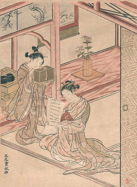 Courtesan and Young Attendant in a Parlor by Kitao Shigemasa, 1764-72 (woodblock print)