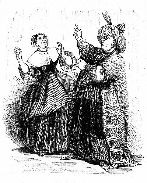 Moliere, Le bourgeois gentilhomme: Madame Jourdain discovers her husband Mr. Jourdain dresses as Mamamouchi. Engraving by Tony Johannot in the edition of the complete works, Paulin 1836