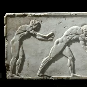Base of a kouros statue : fighting wrestlers. 510-500 BC ( marble bas relief)