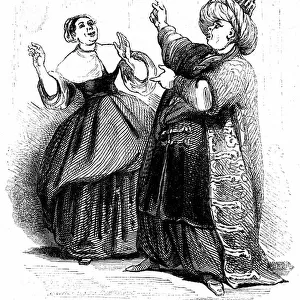 Moliere, Le bourgeois gentilhomme: Madame Jourdain discovers her husband Mr. Jourdain dresses as Mamamouchi. Engraving by Tony Johannot in the edition of the complete works, Paulin 1836
