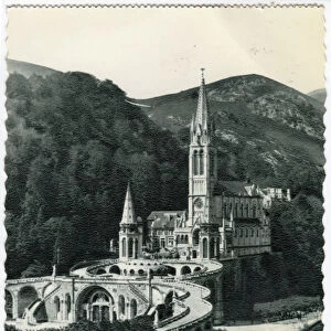 Basilica and River Gave, Lourdes, 1930s. Creator: Unknown